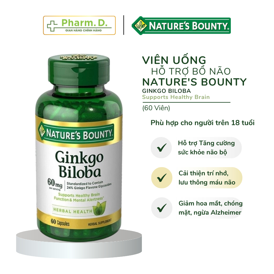 Viên Uống Hỗ Trợ Bổ Não, Cải Thiện Trí Nhớ NATURE'S BOUNTY Ginkgo Biloba Supports Healthy Brain (60 Viên)