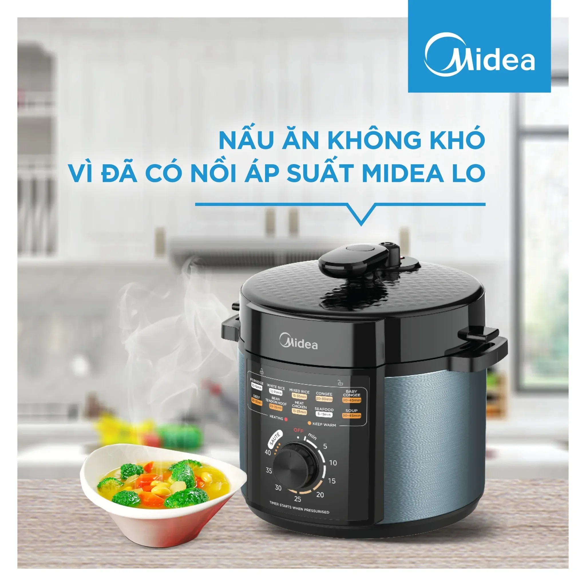 Nồi áp suất điện đa năng Midea MPM50010AMG - 5 Lít, 1000W, 10 món trong 1 núm vặn - Hàng chính hãng