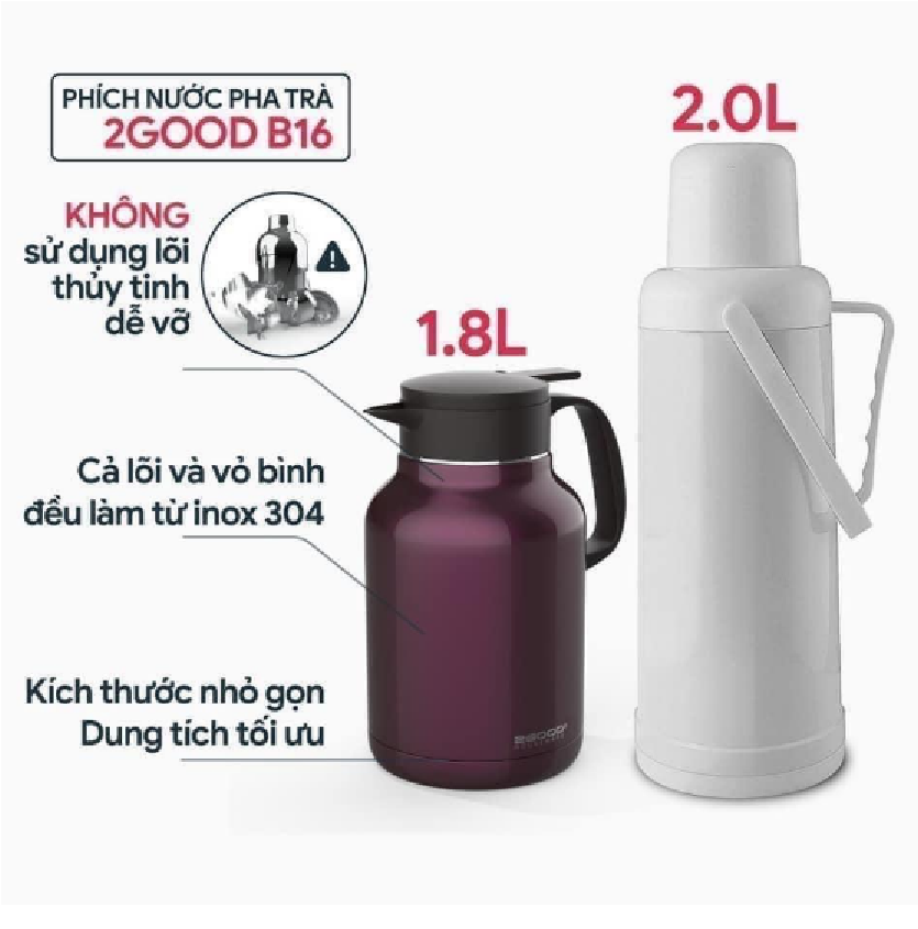 Phích Pha Trà, Bình Giữ Nhiệt, Bình Ủ  (1.6L) Giữ Nhiệt Nóng và Lạnh Suốt 24h