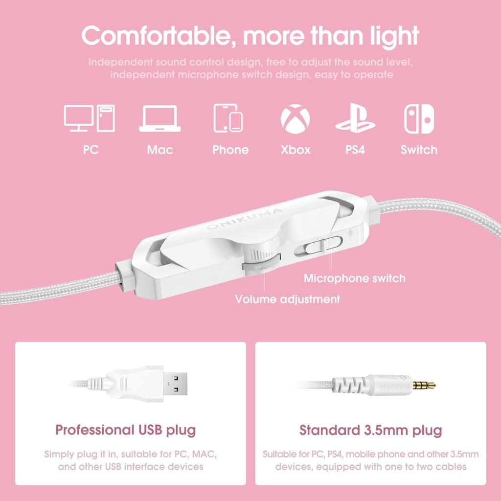 Tai nghe chơi game âm thanh nổi ONIKUMA X10 màu hồng trắng với micrô tai mèo RGB, có sẵn máy tính PC