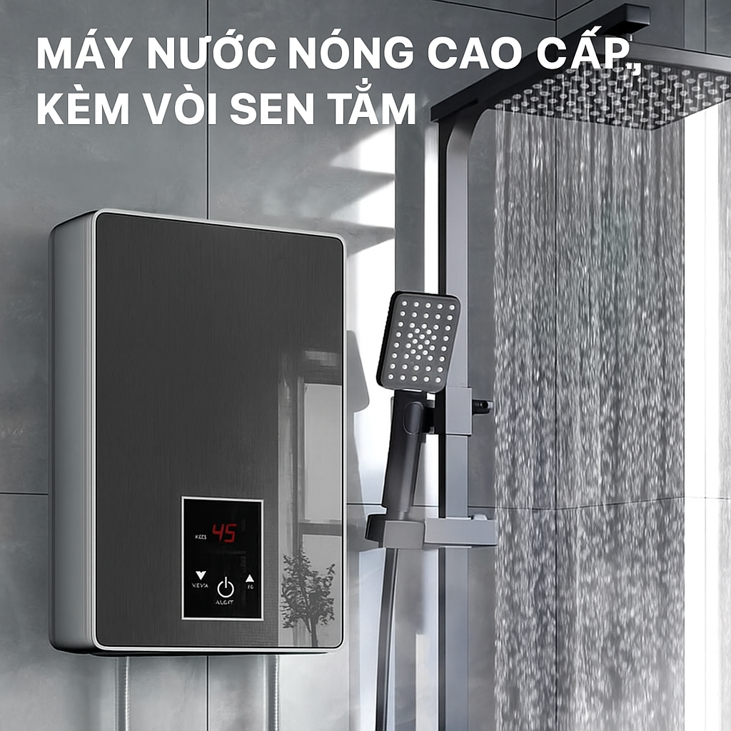 Máy Nước Nóng Trực Tiếp LCD Thông Minh – Cảm Ứng Hiện Đại, Chống Giật Tuyệt Đối, Kèm Vòi Sen Tiện Lợi