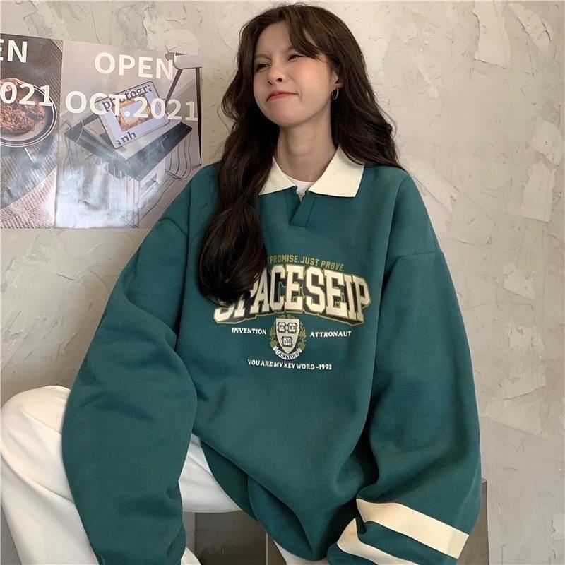 Áo Sweater Polo Nỉ Bông Unisex SPACESHIP màu XANH form rộng ️ Chất nỉ form nam nữ unisex/Áo tay dài có cổ Jaystoree