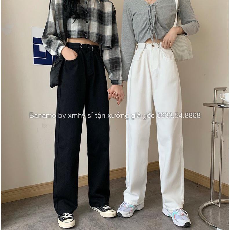 Quần jean nữ ống rộng gài eo cạp cao phong cách Hàn Quốc thời trang Banamo Fashion quần jean nữ cài eo 969