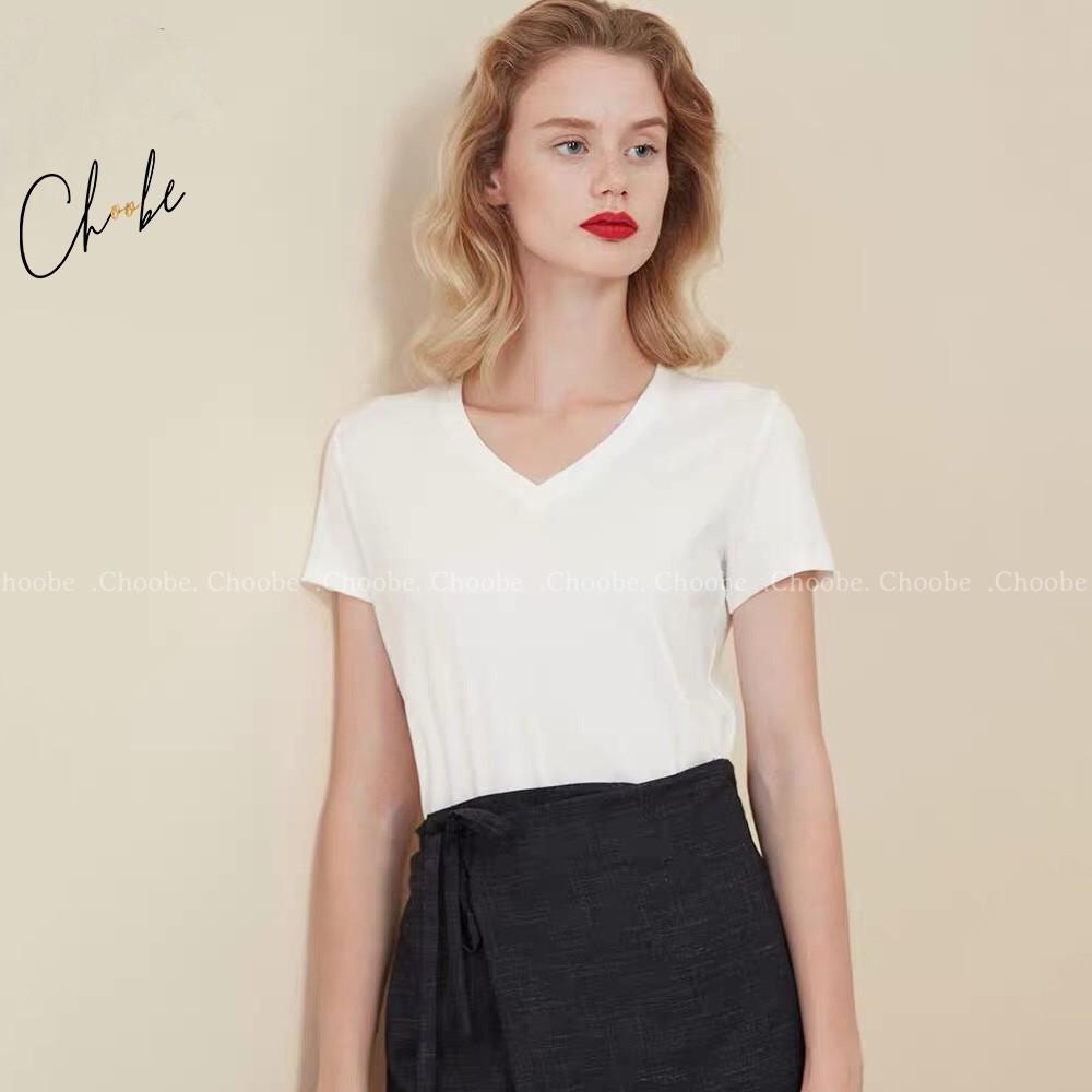 Áo thun nữ Choobe cộc tay cổ tim dáng suông phông trơn vải cotton co giãn tốt - A18