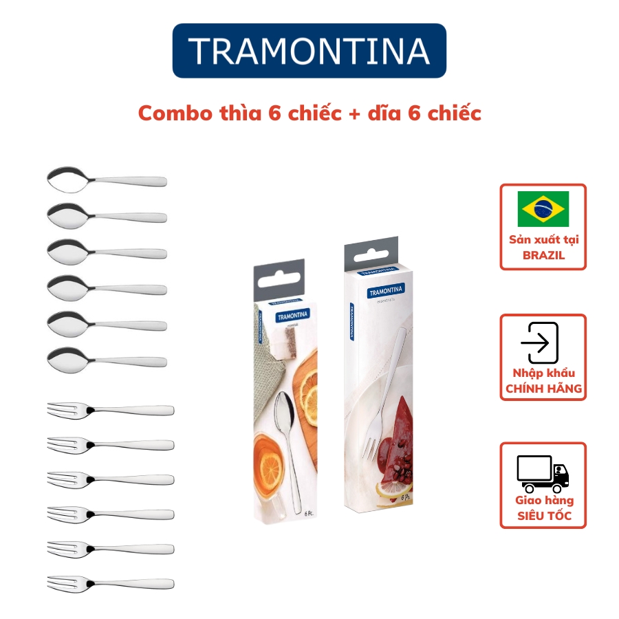 Combo 2 Thìa Dĩa Gồm 1 Bộ 6 Món Thìa Cafe và 1 Bộ 6 Món Dĩa TRAMONTINA Chất Liệu Thép Không Gỉ Sản Xuất Tại BRAZIL - Hàng Chính Hãng