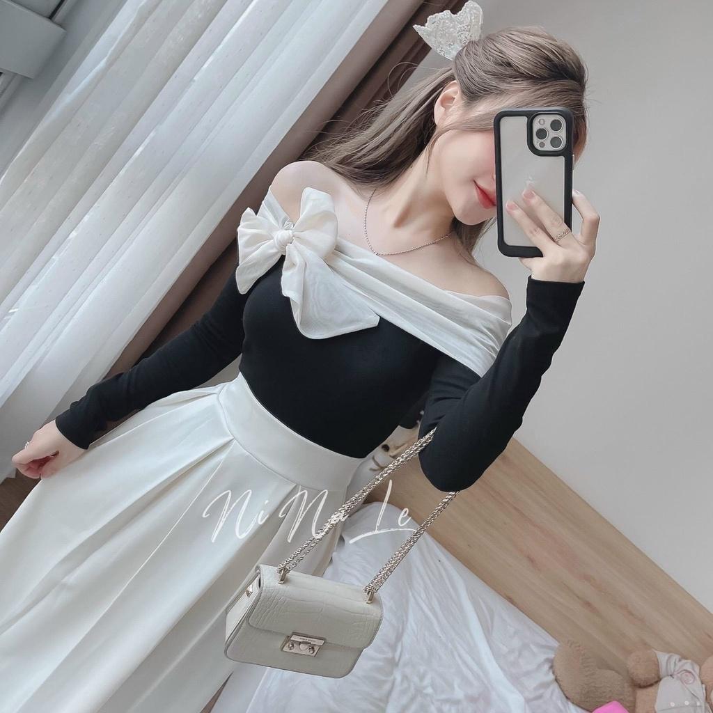 FREE SHIP váy áo tay dài phối nơ trên vai cực xinh kèm chân váy dáng xòe xếp ly tôn dáng sang chảnh KIM GIA DS