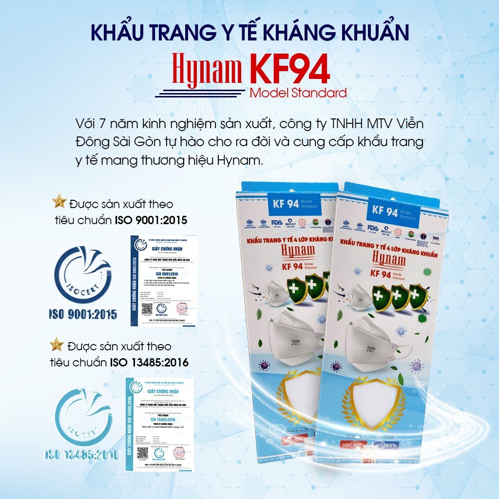 Khẩu trang KF94 Hynam y tế 4 lớp kháng khuẩn thiết kế 4D, chất lượng, đẹp, lọc bụi mịn - Đạt các chứng chỉ ISO 13485, ISO 9001