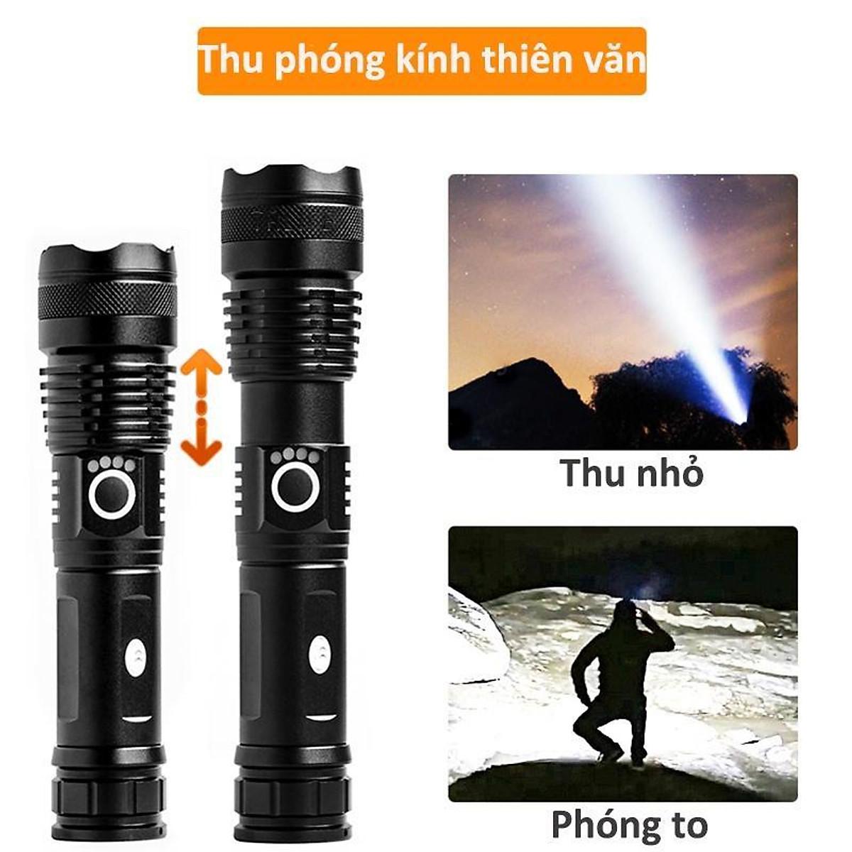 Đèn pin siêu sáng XHP50 bản cao cấp đèn led chiếu xa chống nước, chiếu xa 300m, sạc pin tiện lợi Độ sáng 1800 lumens