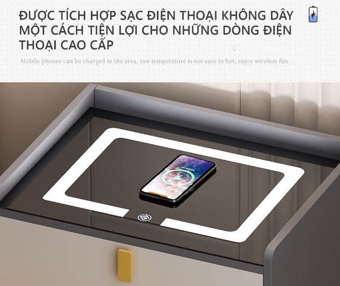 Combo Tủ Đầu Giường Có Loa Bluetooth Sạc Không Dây, 1 Ghế Đôn Xám Ghế Ngồi Trang Điểm