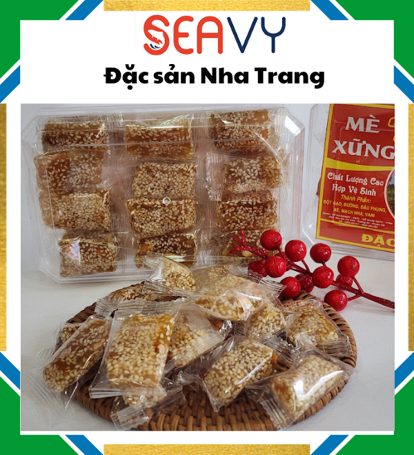 Đặc Sản Nha Trang - Kẹo Mè Xửng Viên Dẻo Dai ,Thơm Vị Mè, mềm dễ ăn  Seavy Hộp 400G