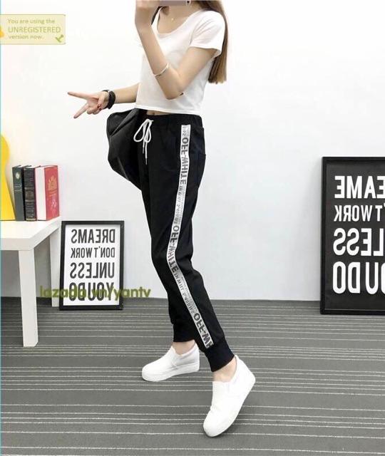 Quần jogger bo gấu viền dây O.F.F, hình thật chụp sàn