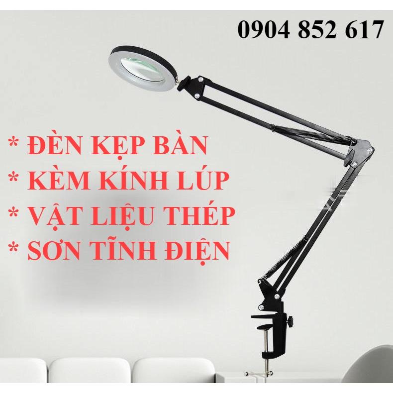 Kính lúp kẹp bàn có đế kèm đèn LED, kim loại sơn tĩnh điện cao cấp