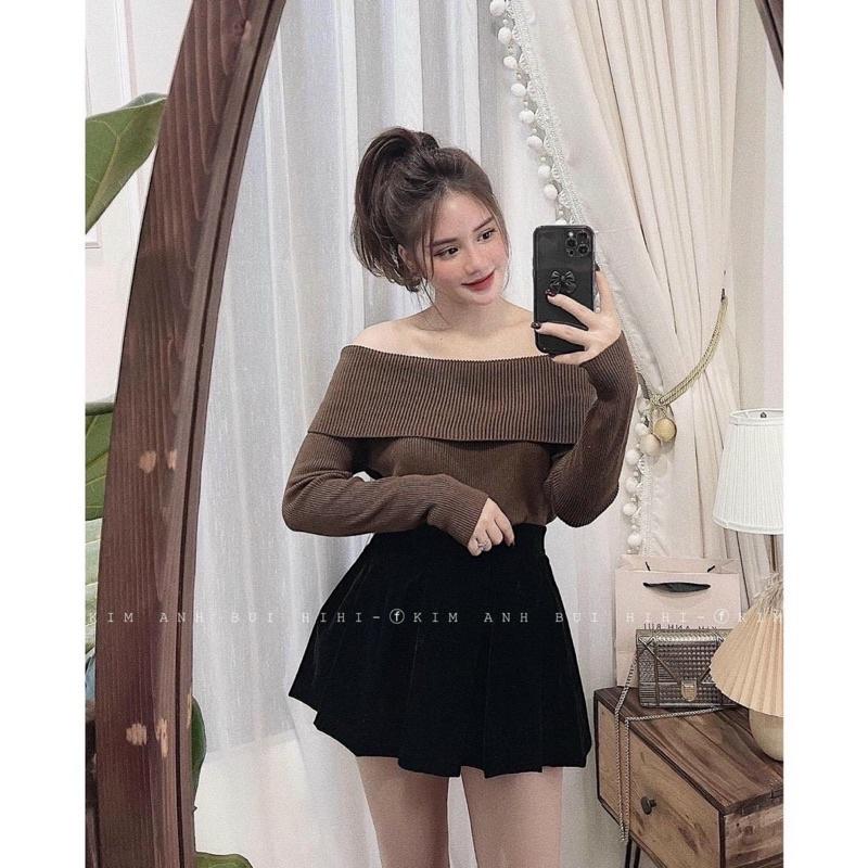 Áo len nữ dài tay cổ đổ bẹt vai sexy hàng len QC