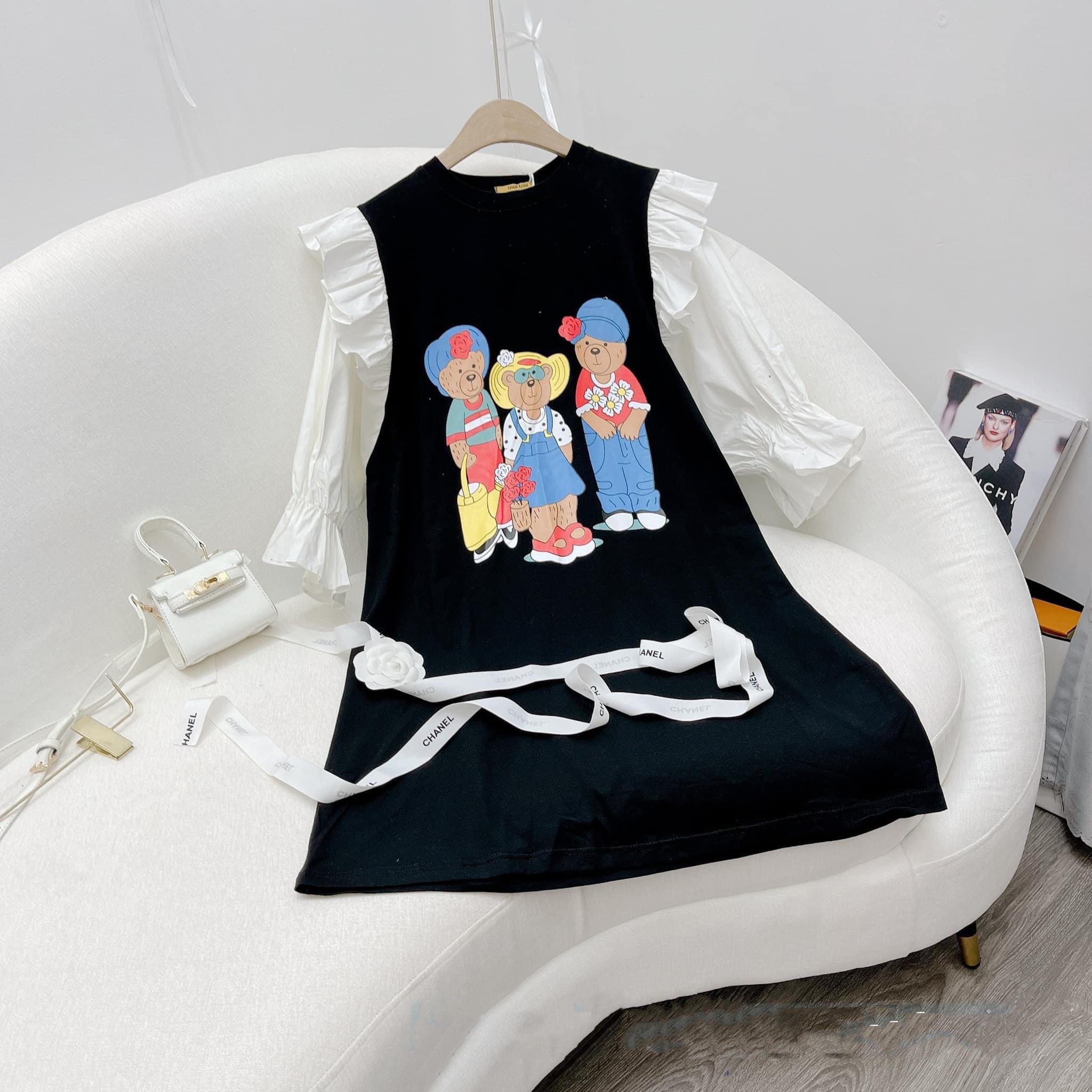 Đầm Thun Nữ 3 Gấu Phối Tay Phồng Hot, Thun Cotton Co Giãn Thoải Mái