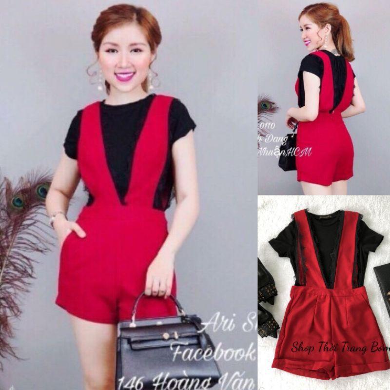 Sét yếm short đỏ phối ren 2 dây kèm áo thun đen tay con