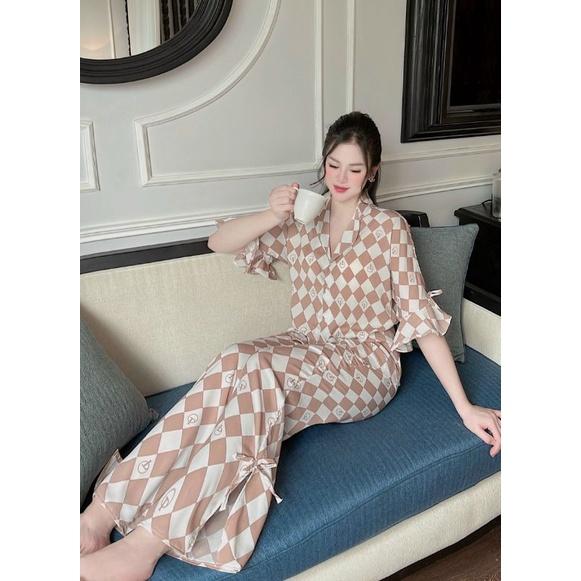 Đồ Bộ Pyjama tiểu thư, lụa Mango L1 dơi nơ, bèo, quần dài, cổ vuông, 40-60kg