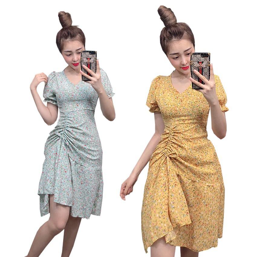 Váy hoa nhí đẹp dễ thương dự tiệc cỏ V tay phồng, đầm hoa nhí dự tiệc có tôn dáng có dây rút 1 bên - Anquachi ! *