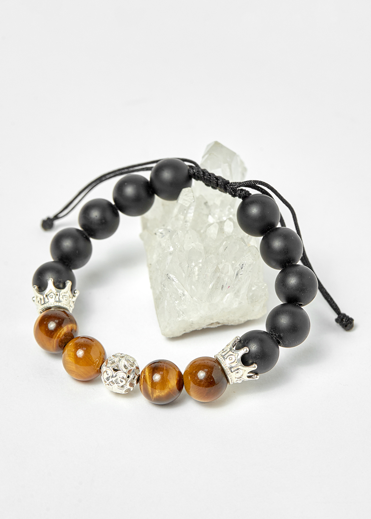 Vòng đá obsidian phối thạch anh mắt hổ vàng nâu và charm vương miệng bạc hạt 10mm - Ngọc Quý Gemstones