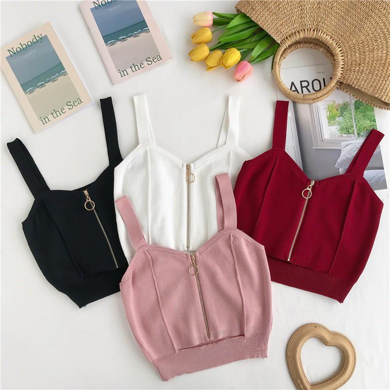 Áo dệt kim sát nách phối khóa kéo thiết kế kiểu dáng quyến rũ