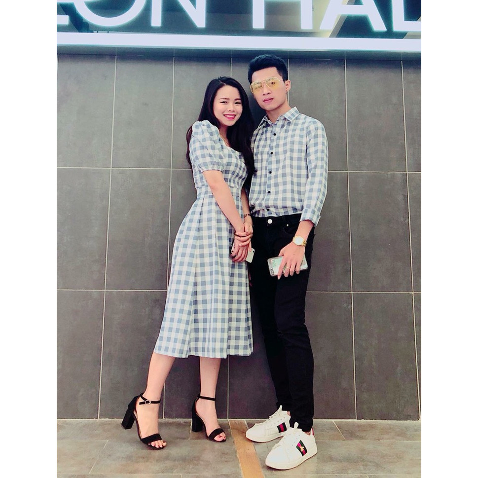 Set đồ đôi áo váy cặp CoupleTina cao cấp - Caro xanh Bạc hà - Đa năng