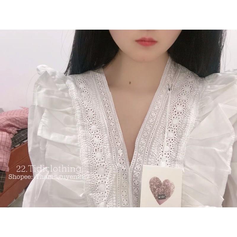 Áo sơ mi cổ V phối ren Hàn Quốc _ sơ mi ulzzang tay dài chất đẹp