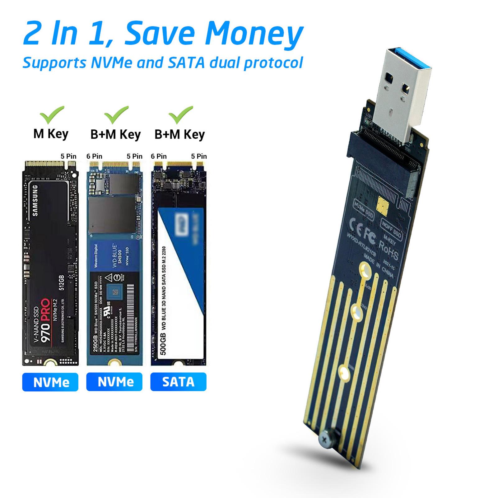M2008 NVMe PCIe To USB3.1 Type A M.2 In-line Adapter Board 2 in 1 Support NVMe & SATA Dual Protocol