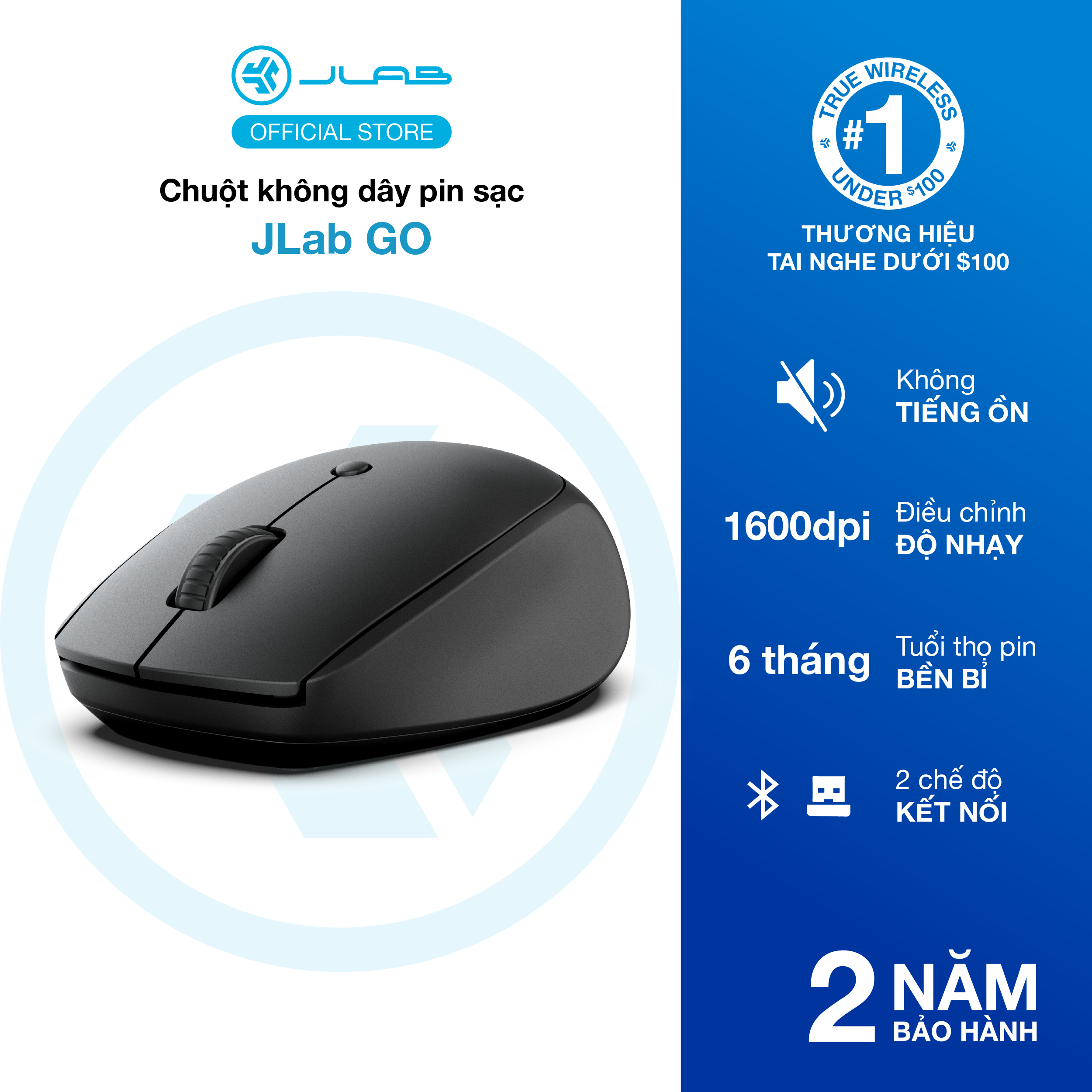 Chuột JLab không dây Bluetooth Go màu đen - Kết nối Bluetooth - Hàng chính hãng - Bảo hành 2 năm