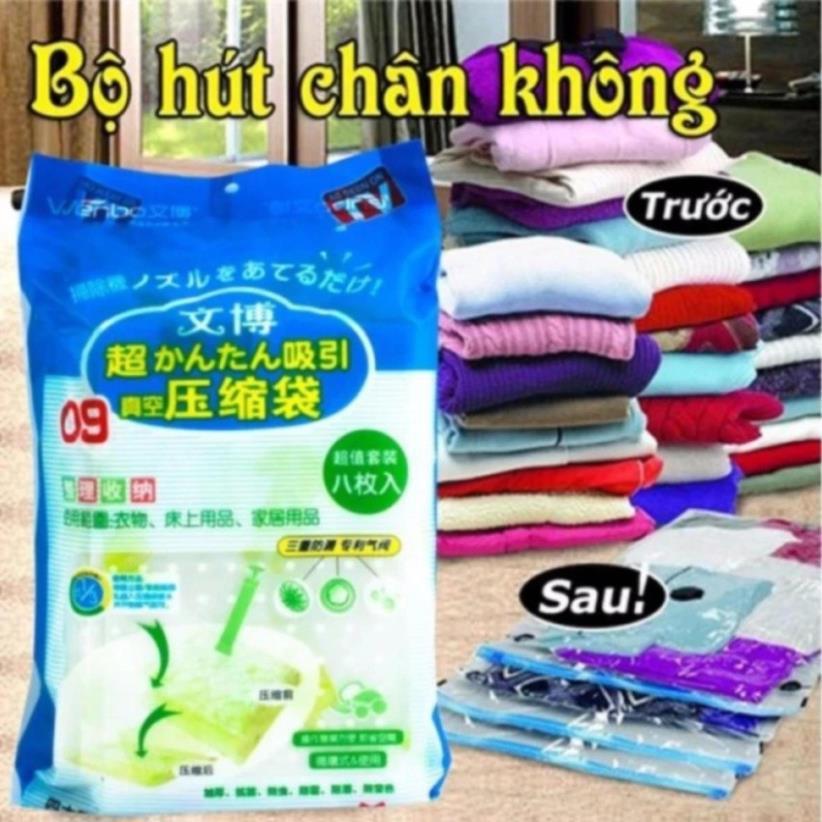 Combo 8 Túi Hút Chân Không, Túi Hút Chân Không Chăn Màn, Quần Áo Gấp Gọn, Kèm Bơm Hút Chân Không Siêu Tiện Dụng