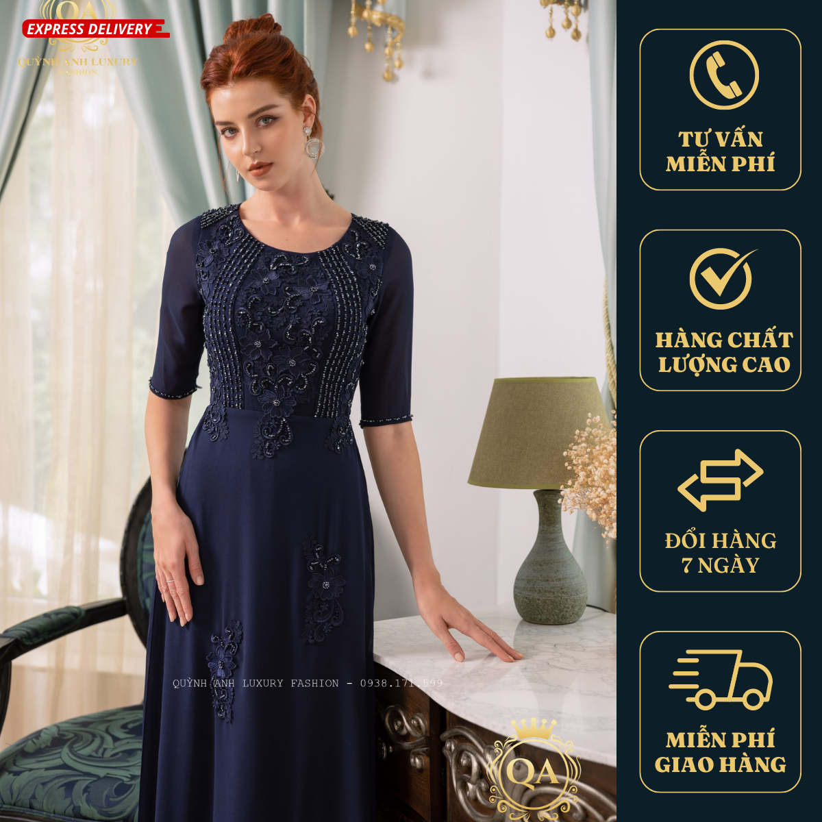 Ạ HỘI ÁO DÀI TRUNG NIÊN CAO CẤP XANH ĐEN LUXURY SAPPHIRE DRESS