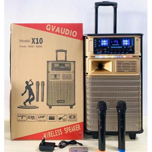 LOA KÉO DI ĐỘNG GVAUDIO HX10 (Bass 25cm, LED, 2 Micro không dây, Nặng 9Kg)