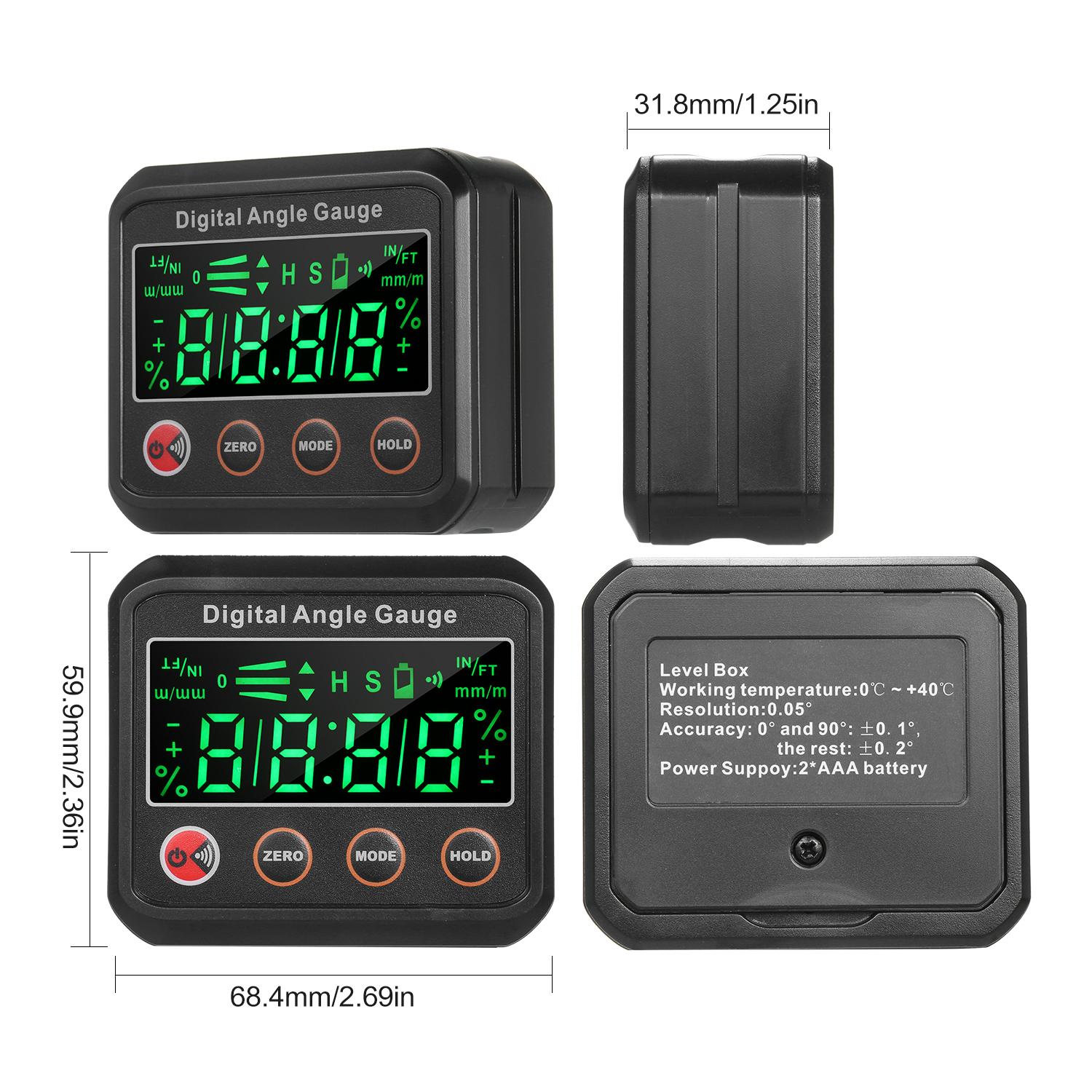 LED Digital Level Angle Gauge Angle Finder Inclinometer 2.7-inch Mini Level Box V-groove Magnetic Base with Audible