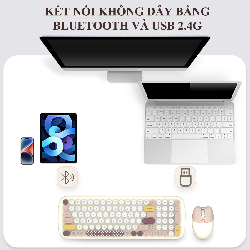 Bàn phím và chuột không dây MOFII CANDY PRO kết nối Bluetooth và USB 2.4G thiết kế 100 phím nút tròn màu sắc nữ tính dễ thương - Hàng Chính Hãng