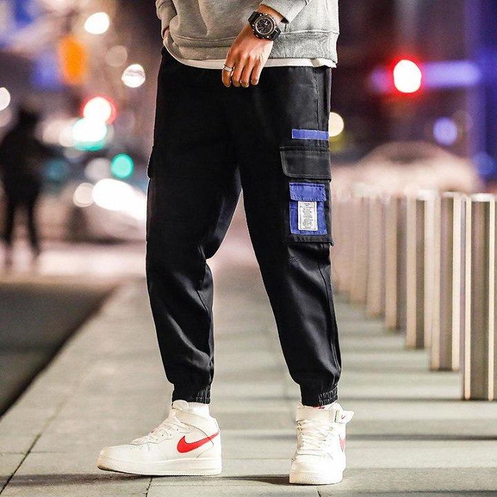 Quần jogger nam chất kaki bo lai túi hộp phối màu năng động,cá tính phong cách nam tính,Quần jogger thể thao nam kaki túi hộp màu đen phong cách đường phố