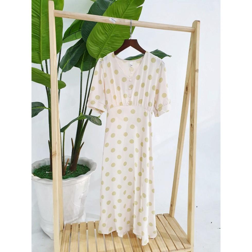 Maxi tay ngắn chấm bi cổ tim đính 4 nút trai (hình shop tự chụp) /hình shop tự chụp