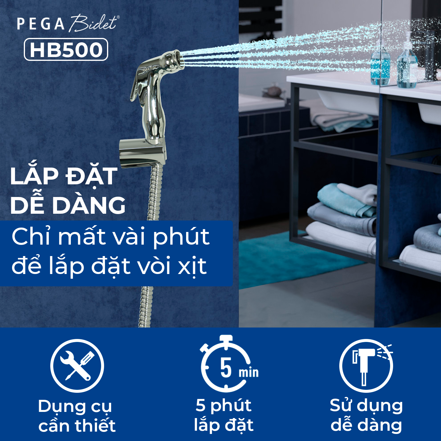 Bộ vòi xịt vệ sinh cầm tay PEGA Bidet HB500, dây cấp nước 1.2m inox 304, đầu vòi bằng nhựa mạ crôm, giá treo mạ crôm, bảo hành 12 tháng