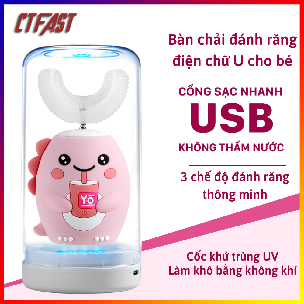 Bàn Chải Vệ Sinh Răng Miệng Tự Động Cho Bé Ctfast K10, Bàn Chải Điện Chữ U Làm Sạch 3 Chế Độ, An Toàn Chống Nước - Màu Hồng - Có Cốc