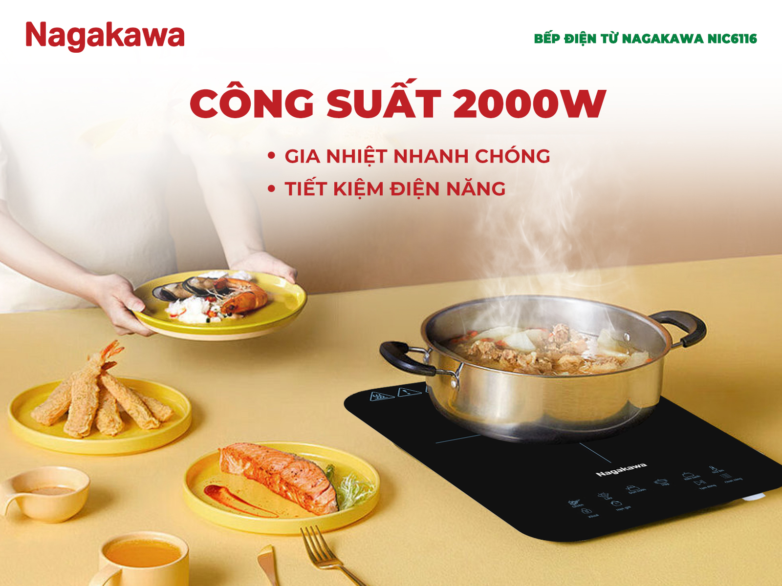 Bếp điện từ đơn Nagakawa NIC6116 2000W tặng kèm nồi inox, bảo hành 12 tháng, hàng chính hãng