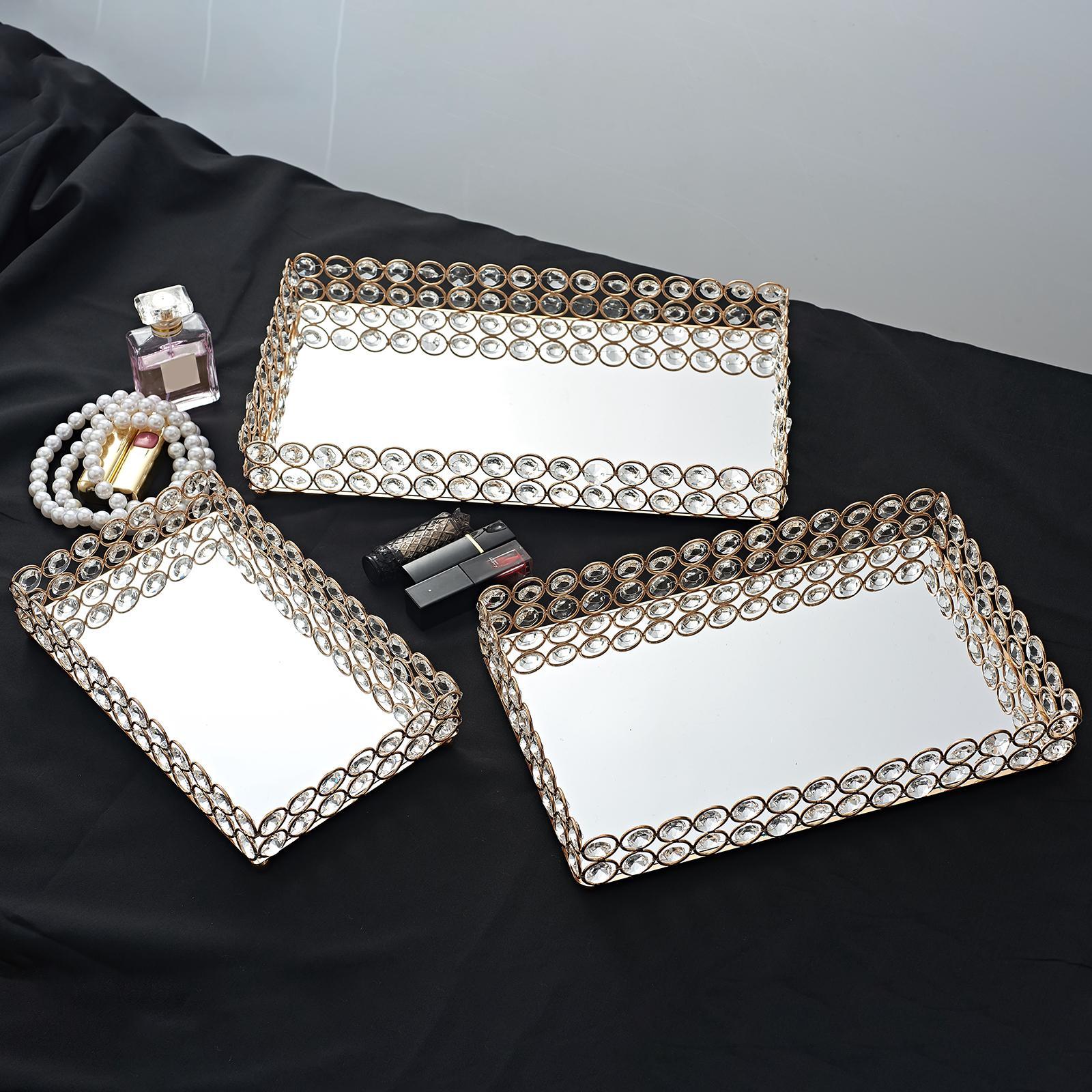 3 Size - Mirrored Tray Home Decor Crystal Vanity Makeup Perfume Jewelry Tray