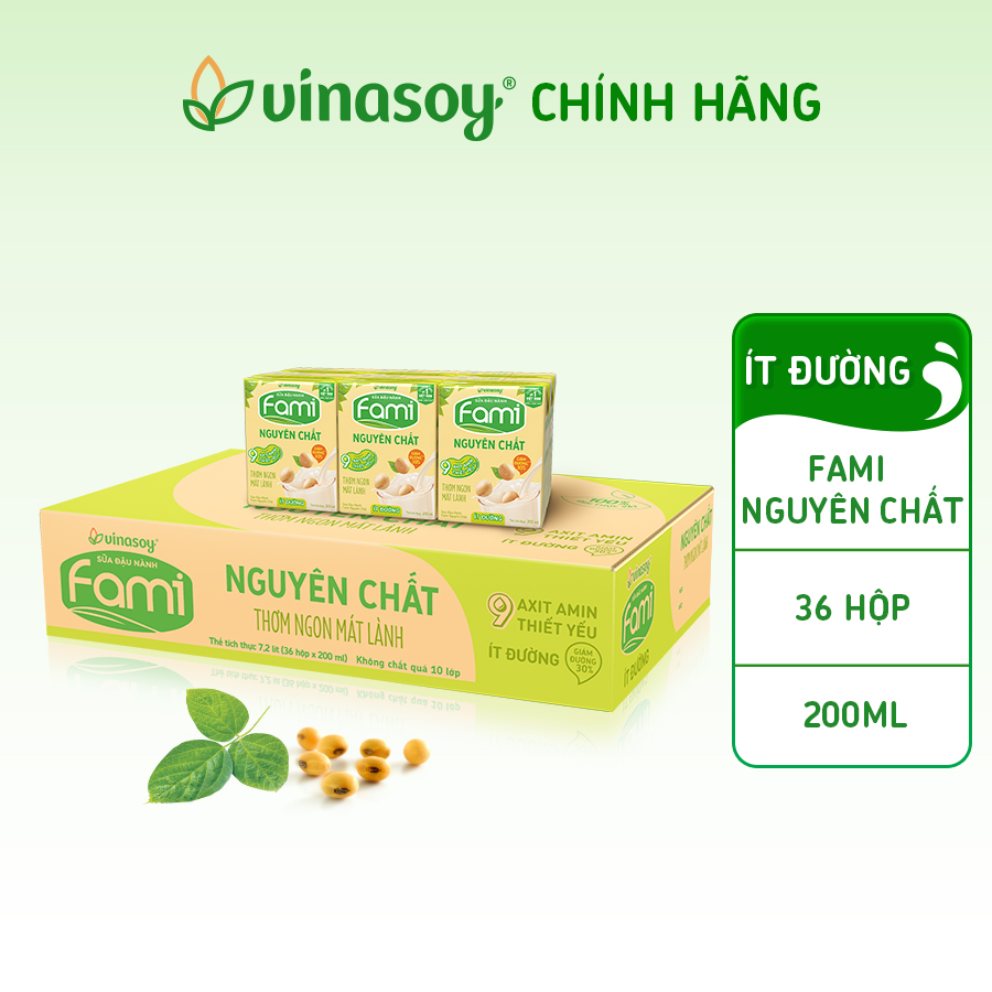 Thùng Sữa đậu nành Fami Nguyên Chất ít đường (200ml x 36 Hộp)