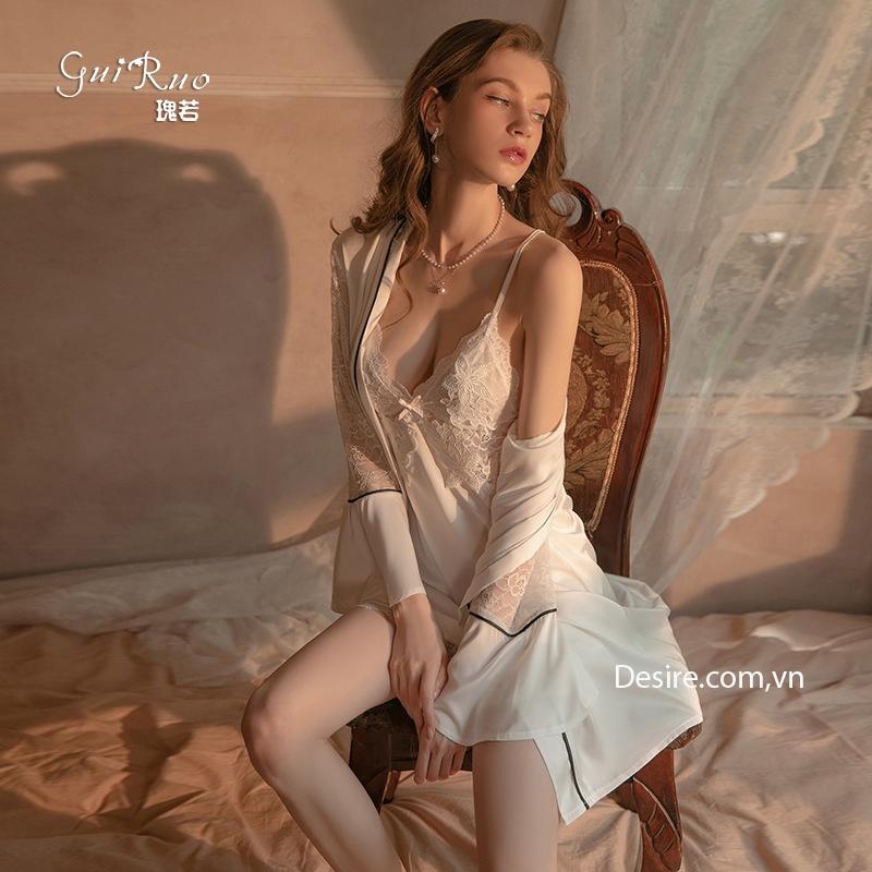 Váy ngủ lụa Đầm ngủ hai dây lụa phối ren gợi cảm sexy VN-036