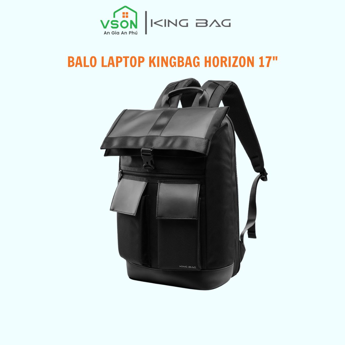 Balo laptop 17” KINGBAG HORIZON sành điệu, Gaming, Office, Travel, thiết kế độc đáo, vải trượt nước, đai buộc vali, màu đen - Hàng chính hãng