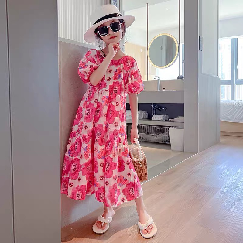 Váy hè bé gái cộc tay 1-10 tuổi in hoa đỏ tràn váy, Đầm suông cho bé hàng thiết kế vải thô nhẹ thoáng mát