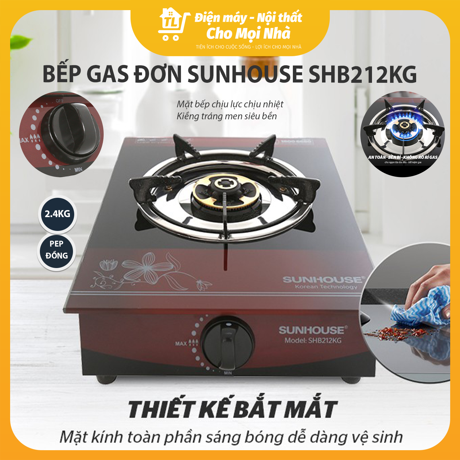 Bếp Gas Dương Đơn Mặt Kính Sunhouse SHB212KG - Hàng chính hãng