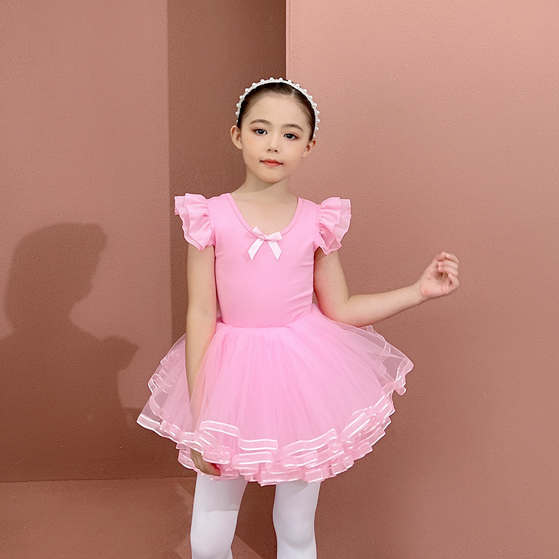 Đầm múa ballet hiện đại cao cấp màu hồng kẹo ngọt, tay cánh tiên cho bé gái