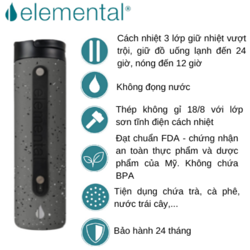 Bình giữ nhiệt Elemental Iconic sport màu xám đốm 590ml, giữ nhiệt vượt trội, inox 304, FDA Hoa Kì, An toàn sức khỏe