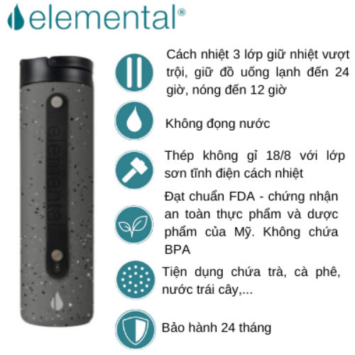 [Hàng chính hãng – Thương hiệu Mỹ] Bình giữ nhiệt Elemental Iconic sport màu xám đốm 590ml, giữ nhiệt vượt trội, inox 304, FDA Hoa Kì, An toàn sức khỏe