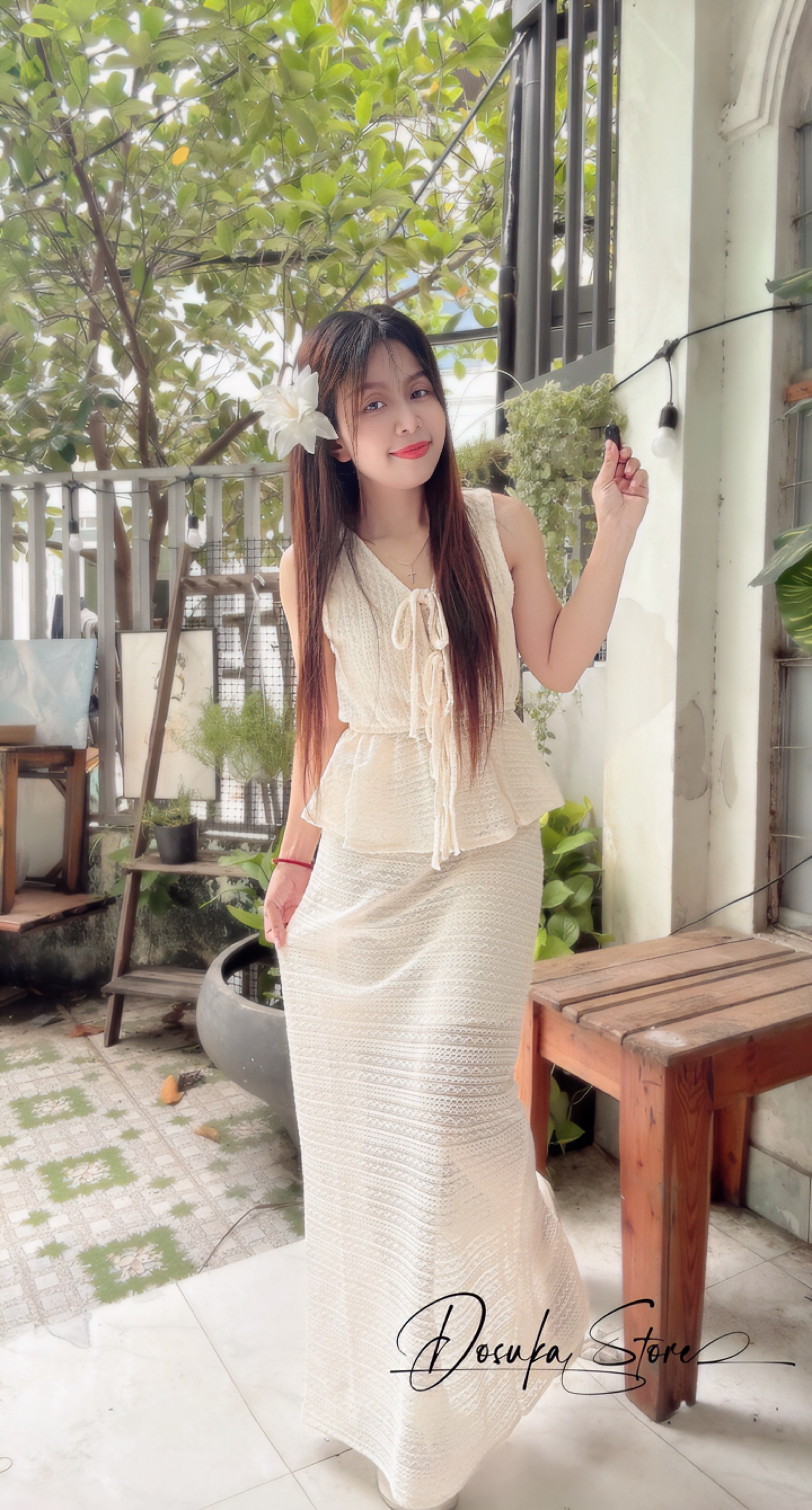 Set len váy dài cột nơ siêu hot