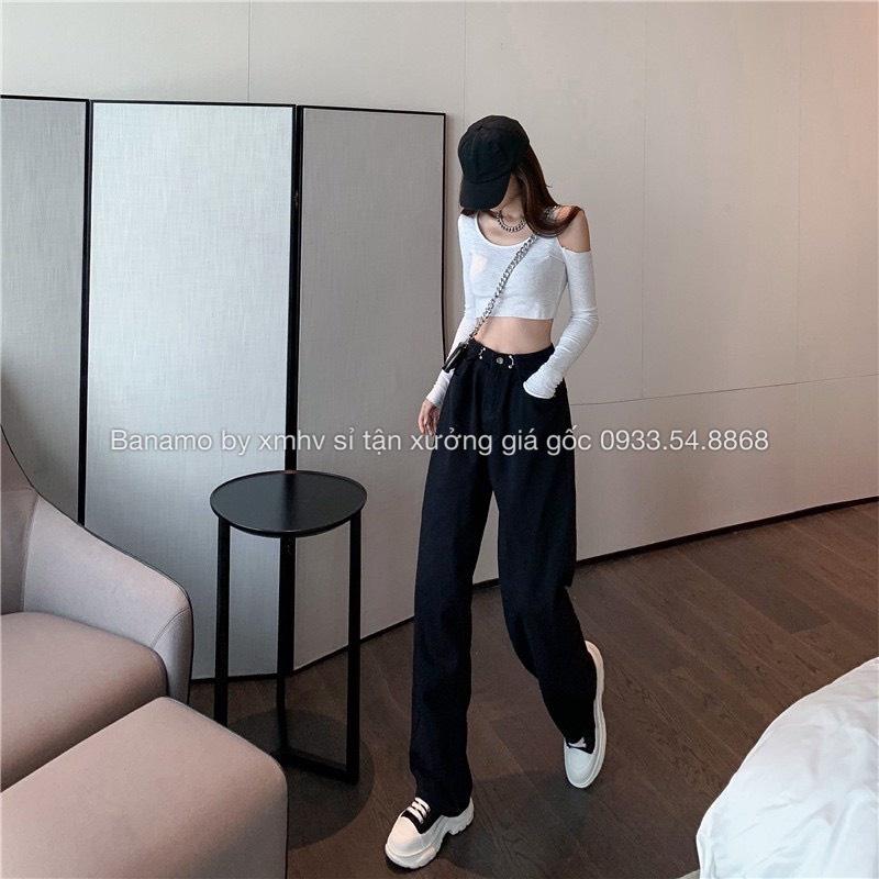 Quần jean nữ ống rộng gài eo cạp cao phong cách Hàn Quốc thời trang Banamo Fashion quần jean nữ cài eo 969