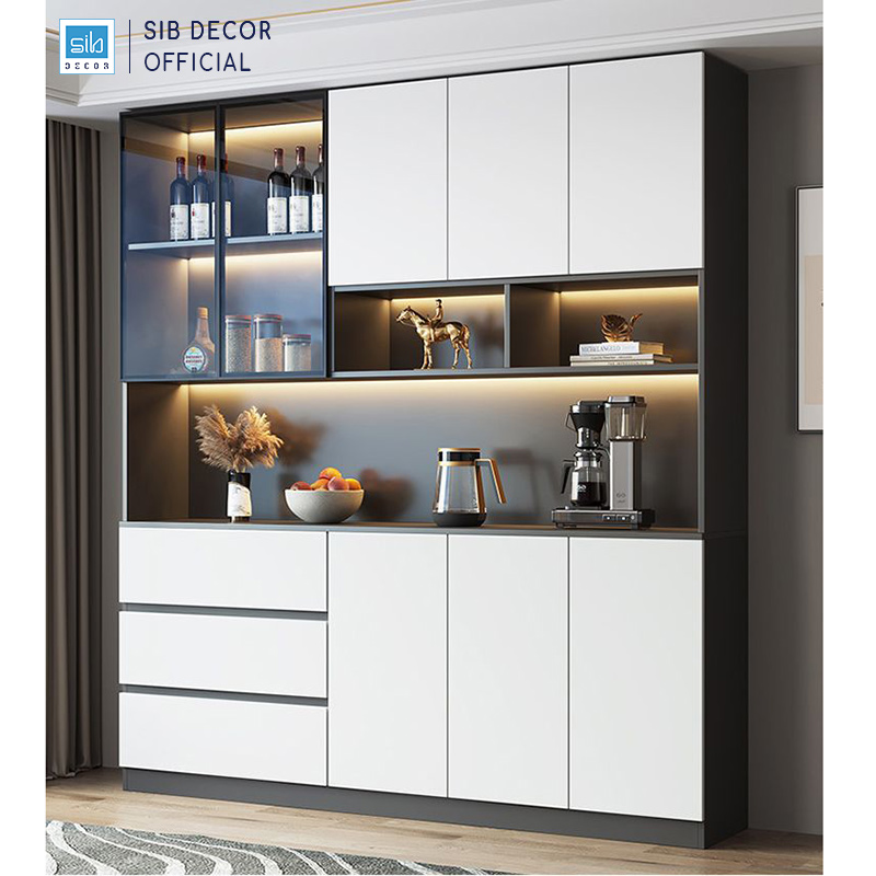 Tủ Gỗ Đa Năng Phối Cửa Cánh Kính Đèn LED Thương Hiệu SIB Decor TCK20