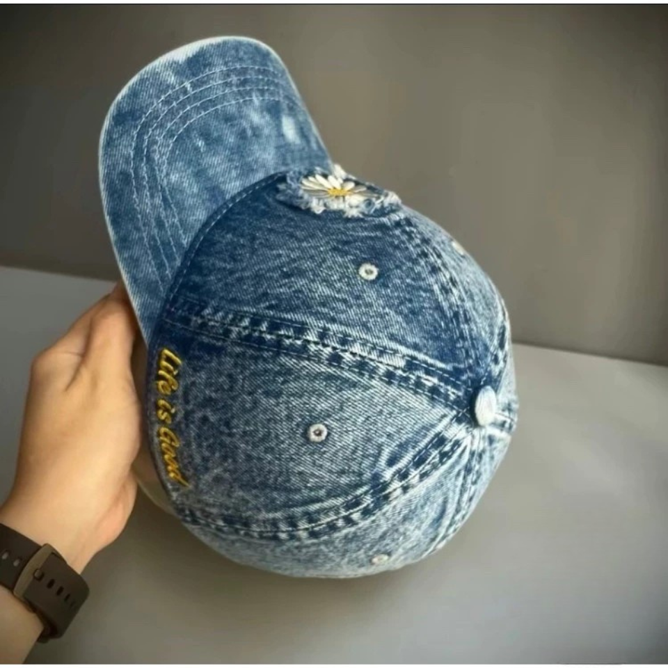 Nón nam nữ, mũ lưỡi trai thêu Hoa Cúc phối vải Jeans đẹp Form chuẩn (Ảnh thật)